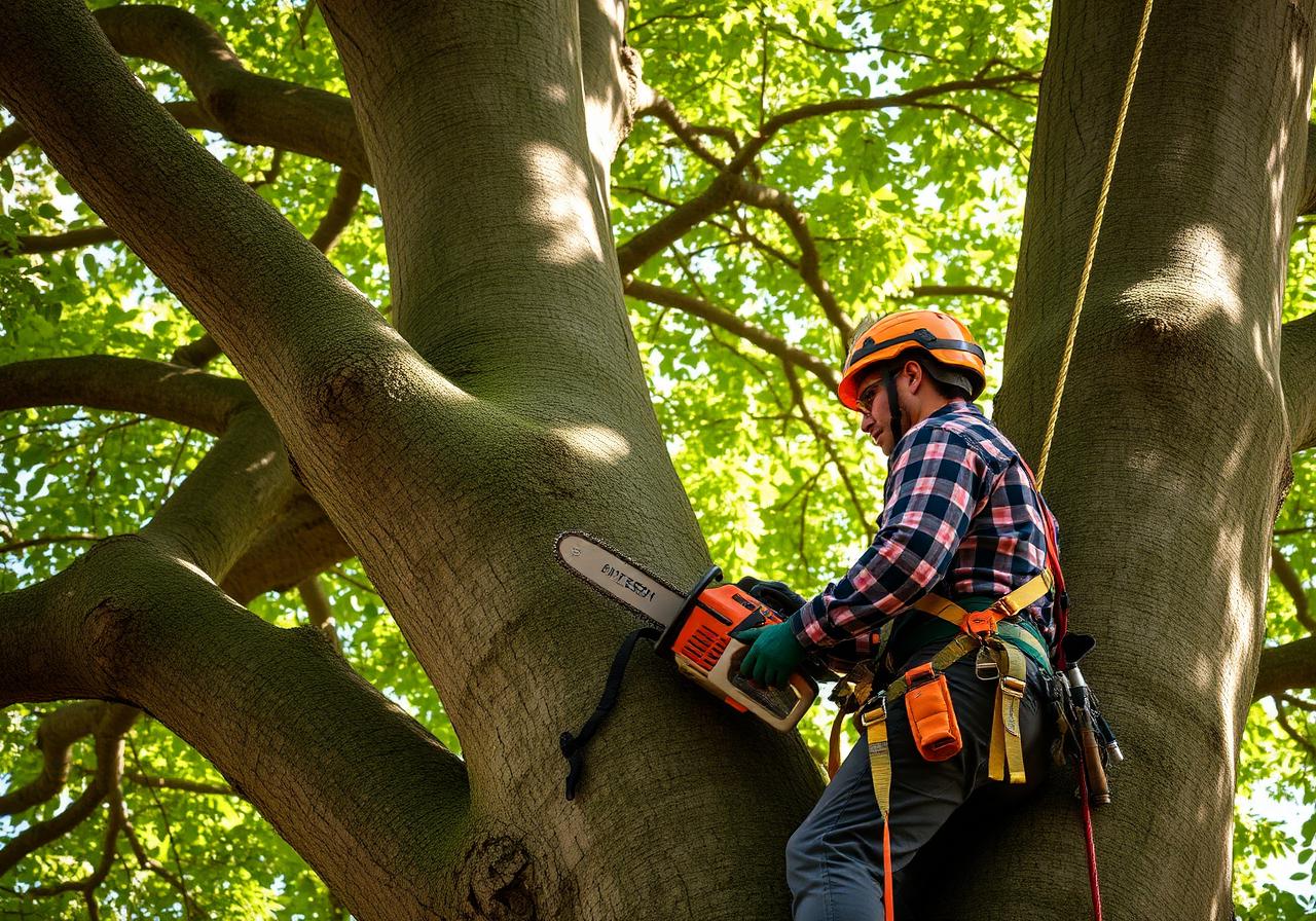 Arborist climbing oak tree with chainsaw