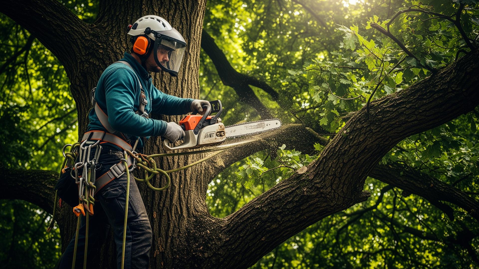 Professional arborist climbing tree with chainsaw